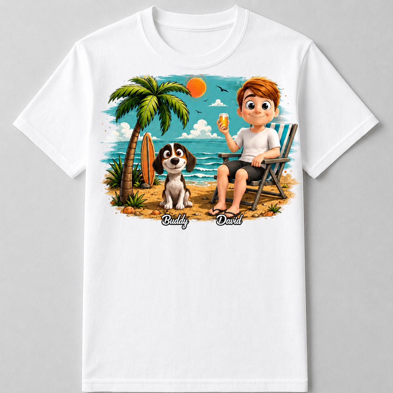 Personalized Boy with Dog Tropical Beach T-Shirt, Custom Pet Portrait Summer Vacation Shirt for Dog Lovers